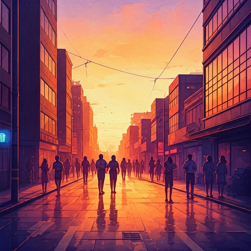 Watercolor city at dusk showing heat shimmer on streets and people fanning themselves, illustrating rising urban temperatures
