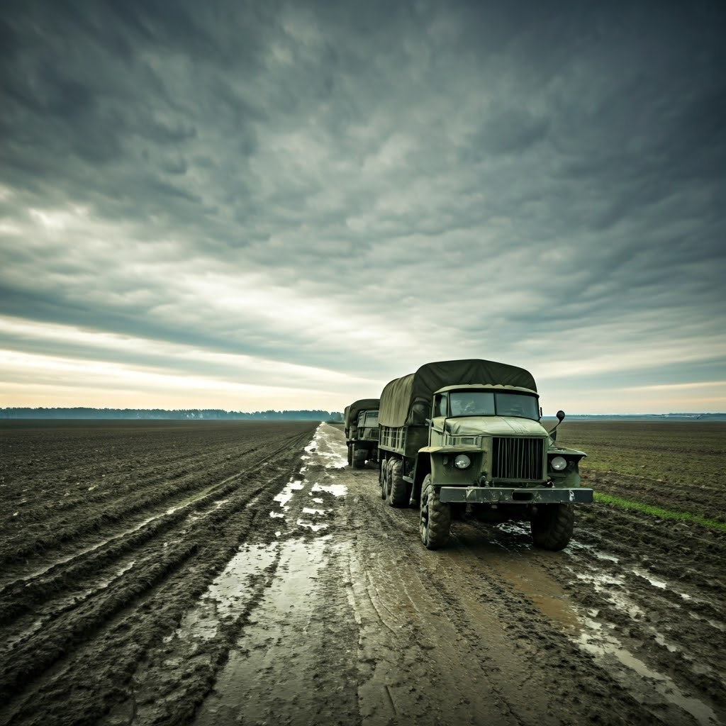 Supply road disappearing into muddy fields with bogged trucks and weary soldiers