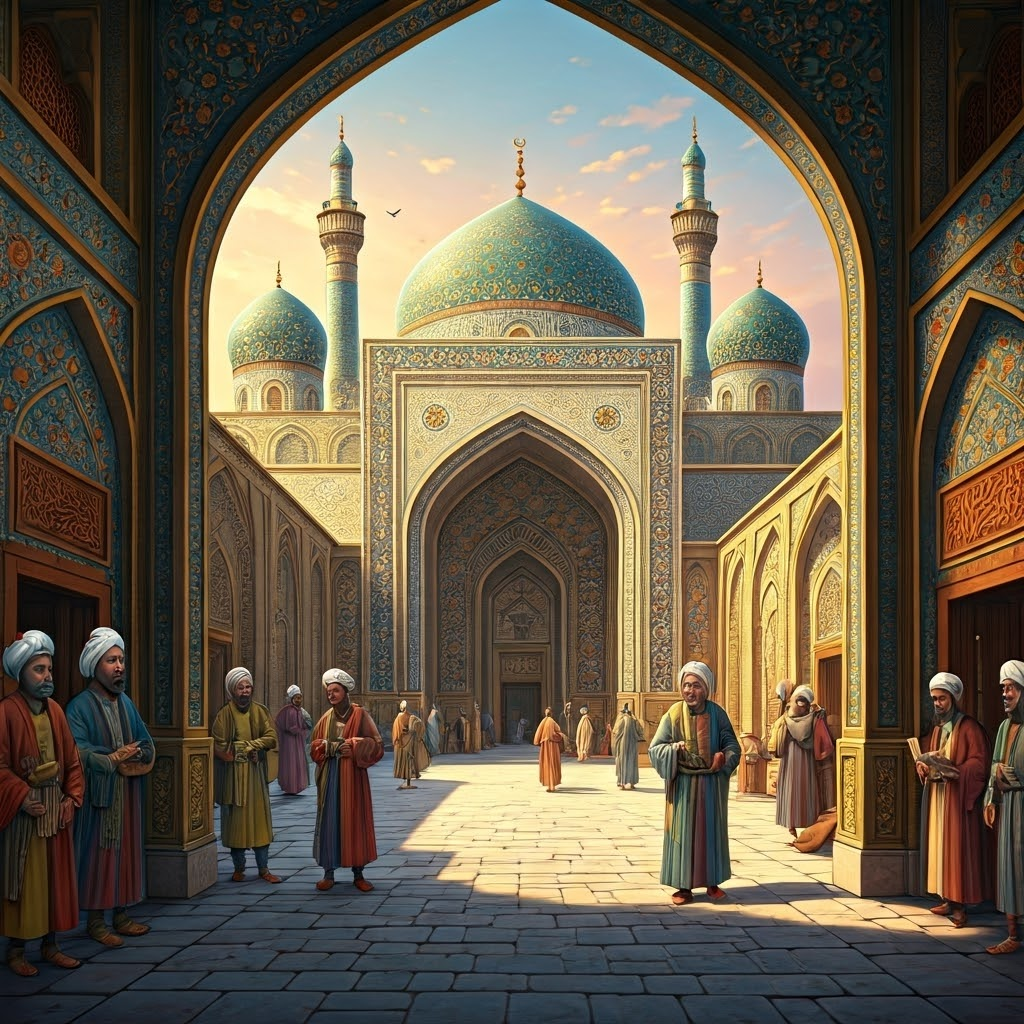 Medieval Baghdad's bustling avenue leading to the House of Wisdom, showing scholars from diverse cultures exchanging ideas