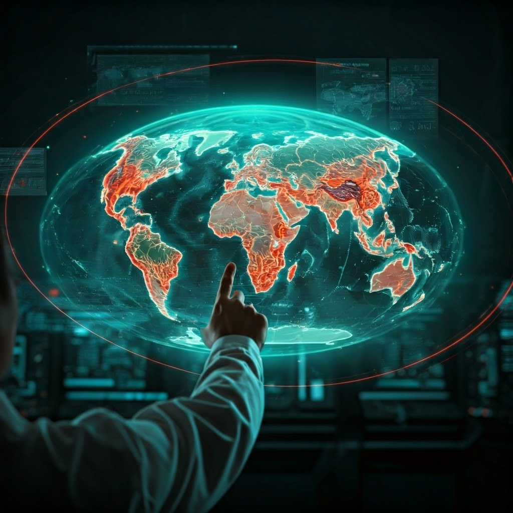 High-tech scene maps the Pacific Ring of Fire with a neon arc while a scientist interacts, illustrating global volcanic activity.