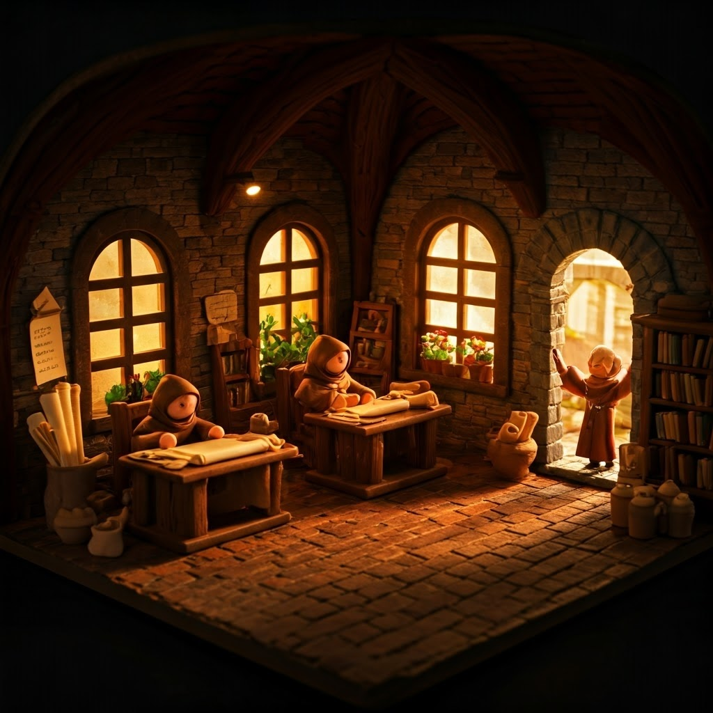 Claymation-style scriptorium where brown-robed monks copy texts, garden, and welcome a traveler, capturing the Benedictine rhythm of prayer and labor.