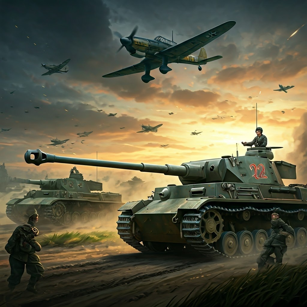 German Panzer tanks race forward beneath Stuka bombers during a dawn Blitzkrieg assault