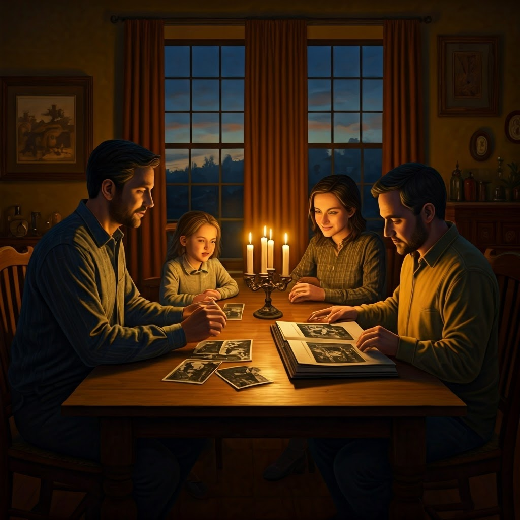 Family at dusk around a table lighting candles and exploring a black-and-white photo album in warm lamplight