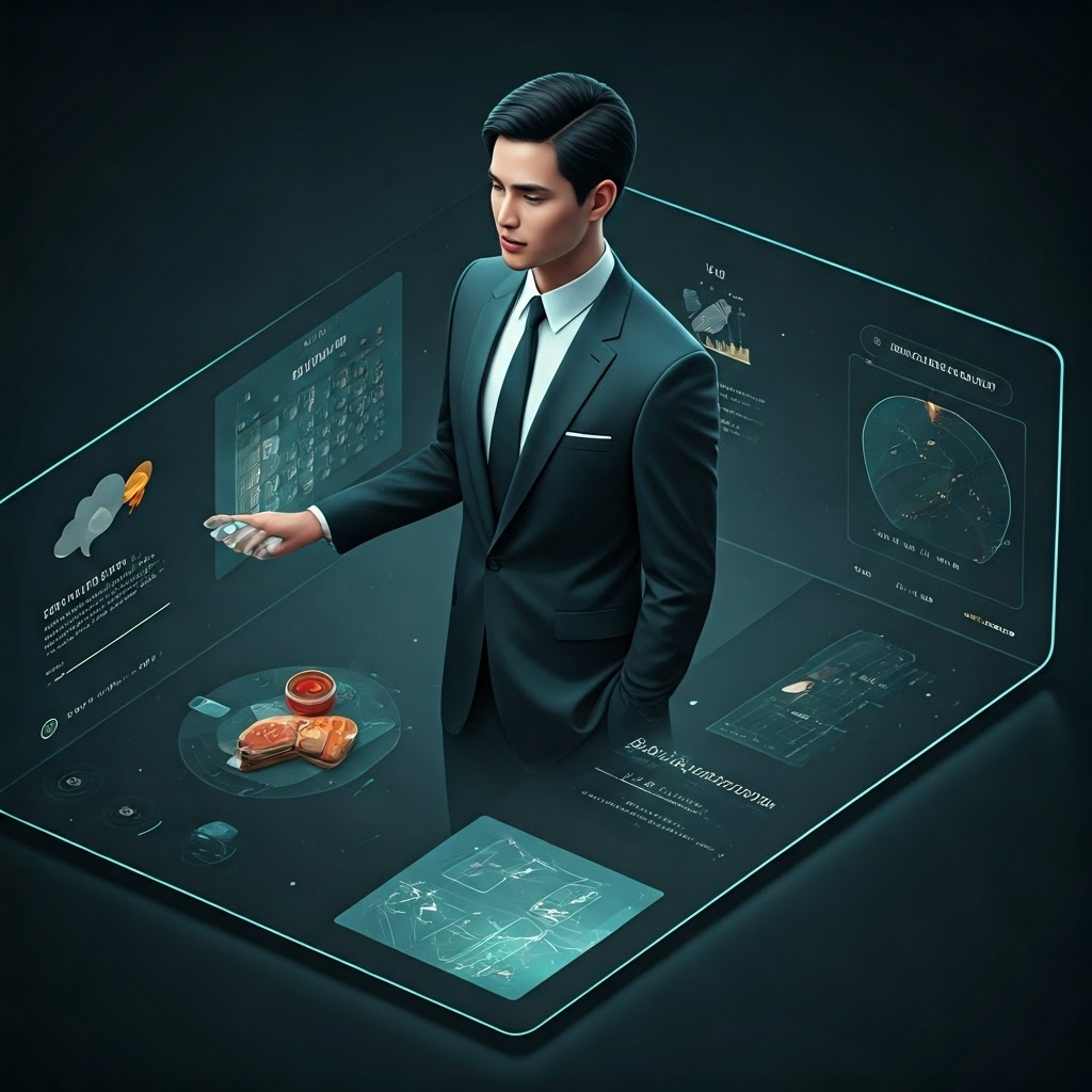 A virtual assistant in a smart suit stands amid panels that check a calendar, scan weather, and reschedule a picnic plan.