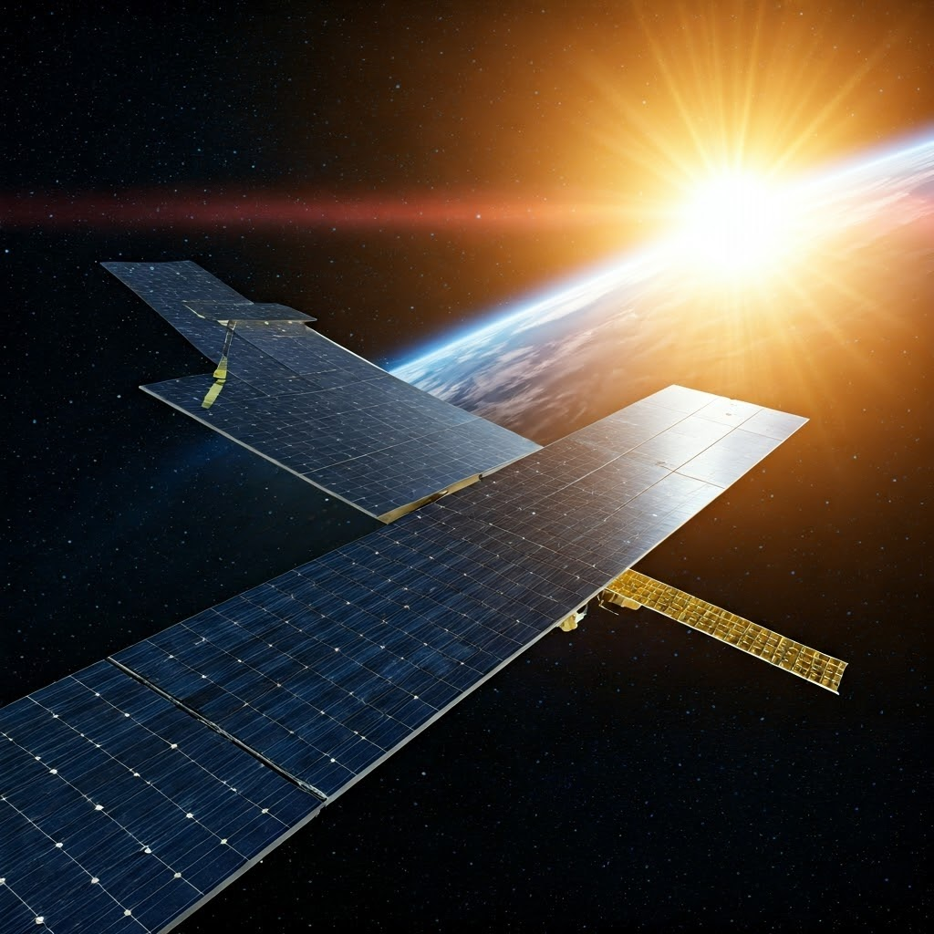 Satellite solar panels catching bright sunlight while orbiting Earth, highlighting precise positioning for maximum power