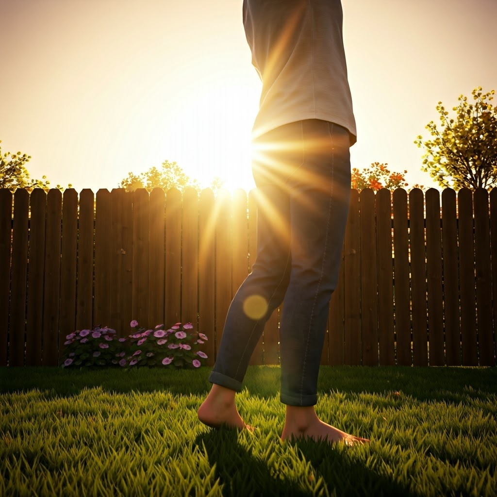Person soaking up midday sun in a green backyard, showing how solar energy reaches everyday spaces.