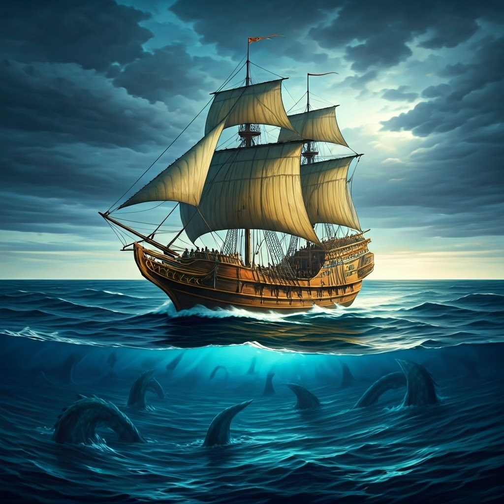 A 15th-century galleon battles towering waves at dusk, highlighting the peril and thrill of early ocean exploration