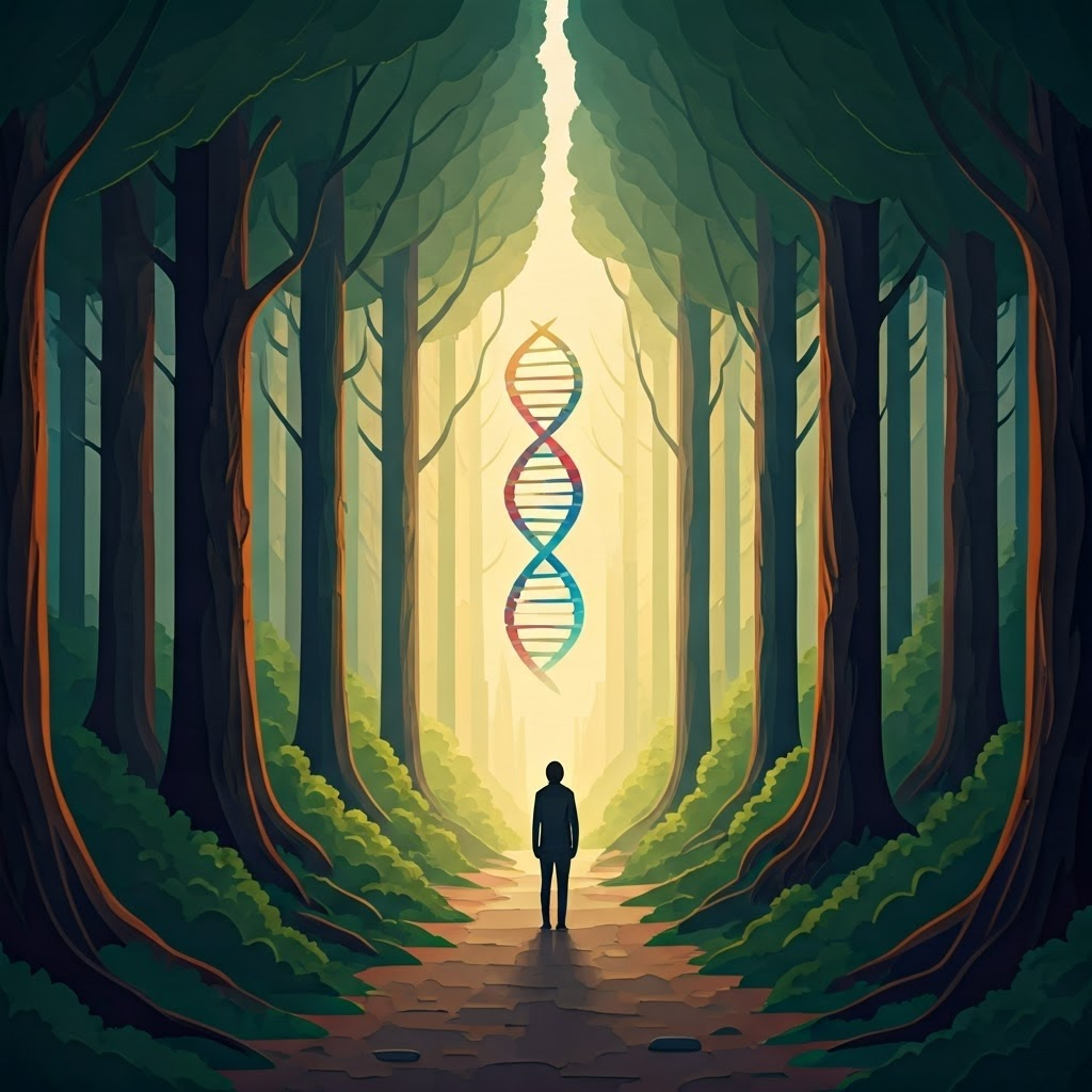 A traveler pauses at a forest crossroads marked by multicolored helix signs, reflecting life-altering decisions in genetics.