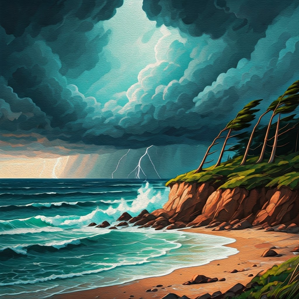 Lightning over a rugged coast shows nature's raw power without divine beings.