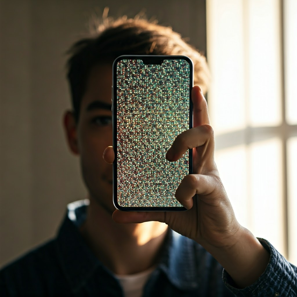 Person taking a selfie while a semi-transparent grid of colored squares and values overlays the screen