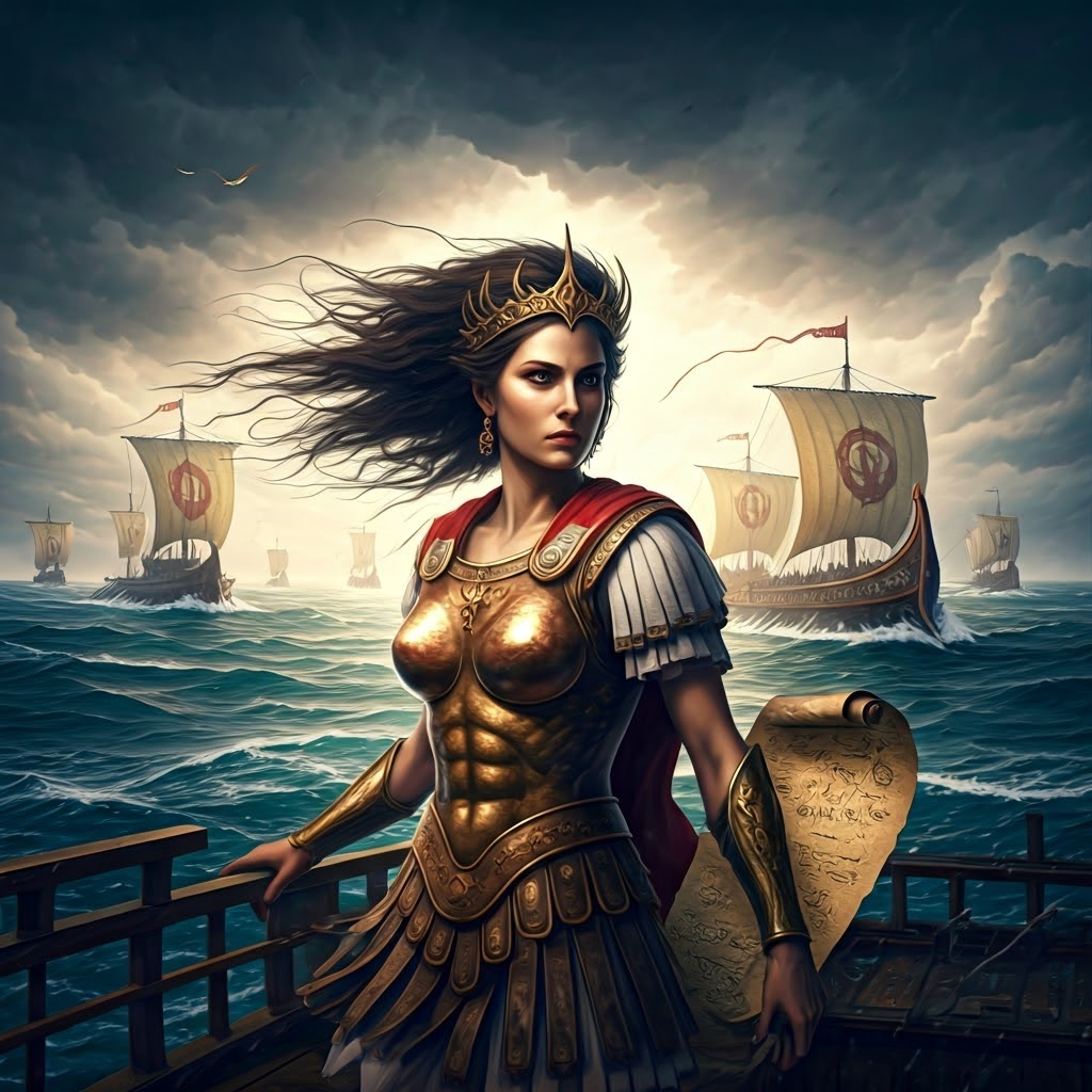 Queen Artemisia commanding ships during a stormy naval battle.