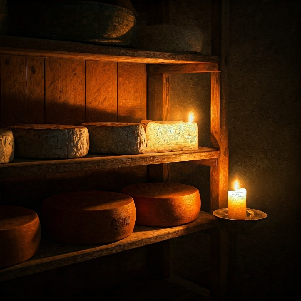 Moody cheese cellar with brie and blue wheels showing Penicillium mold textures