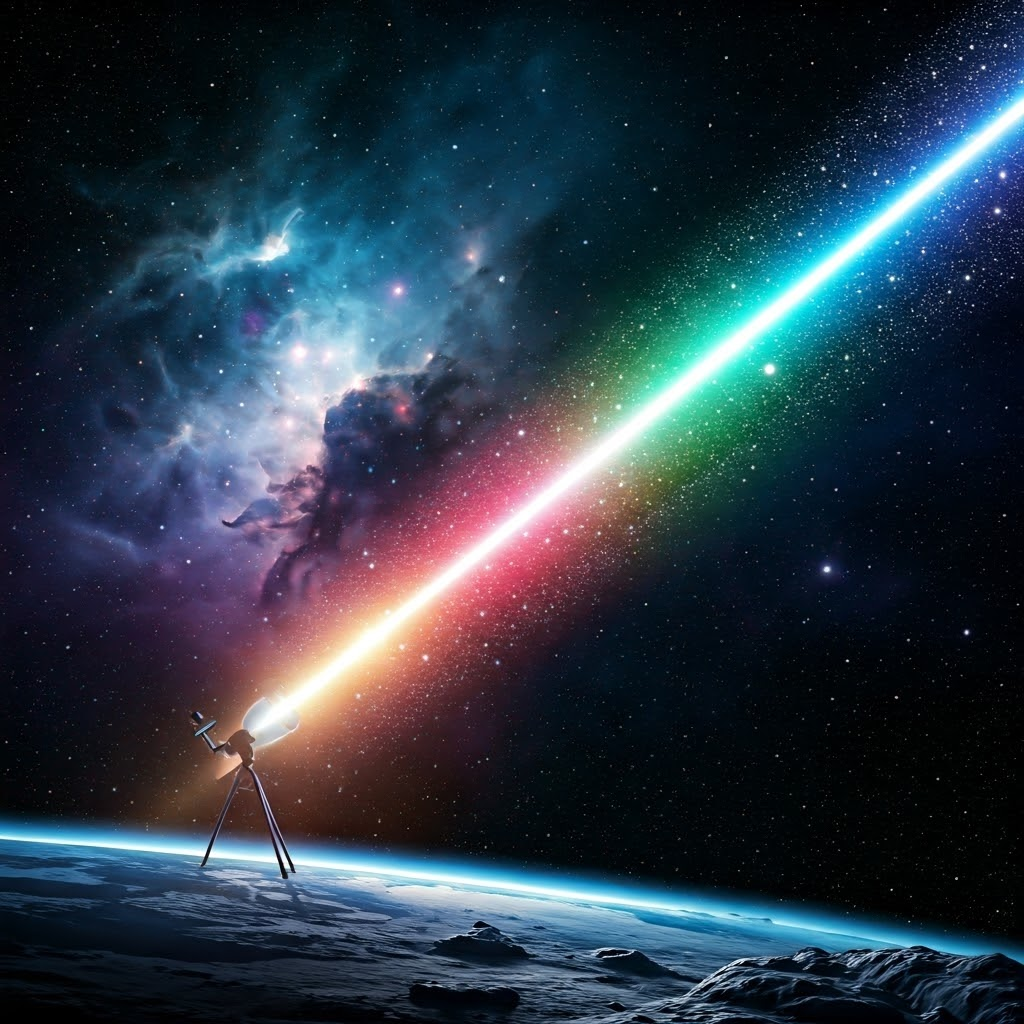 A beam of multicolored starlight travels through deep space toward a telescope on Earth, symbolizing cosmic messages carried by light