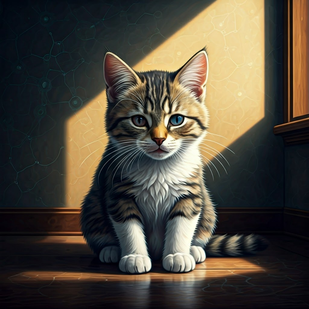 Realistic painting of a kitten with one eye covered, sunlight hinting at missed visual development.