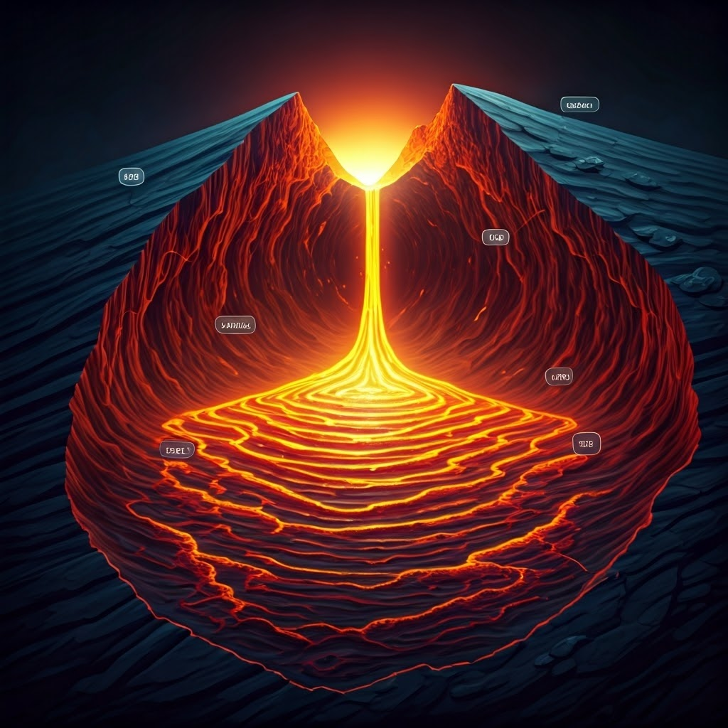 Cross-section illustration highlights a glowing magma chamber with gas bubbles under a volcano.
