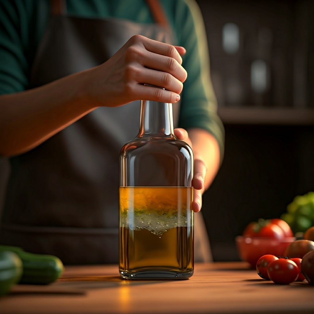 Hand shakes a clear vinaigrette bottle; distinct layers of golden oil and clear water glow on a cozy kitchen counter.