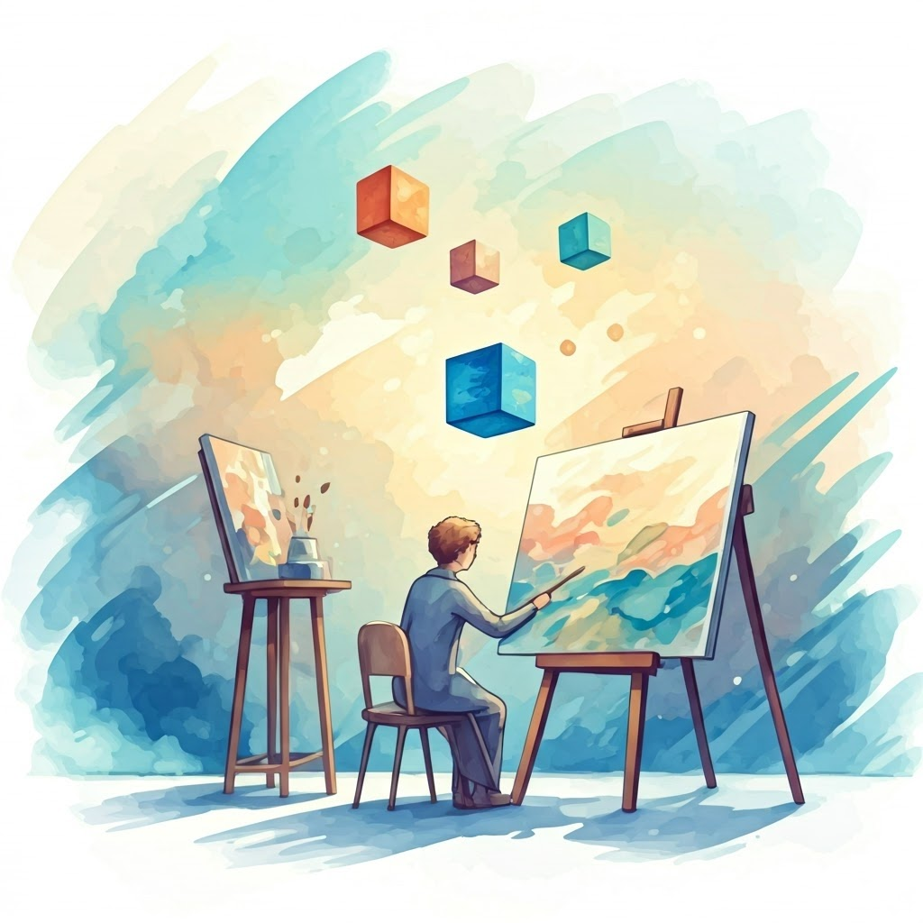 Soft pastel cubes float around a gentle figure who reassembles them into dreamlike landscapes, symbolizing how VAEs reconstruct images from compressed codes.