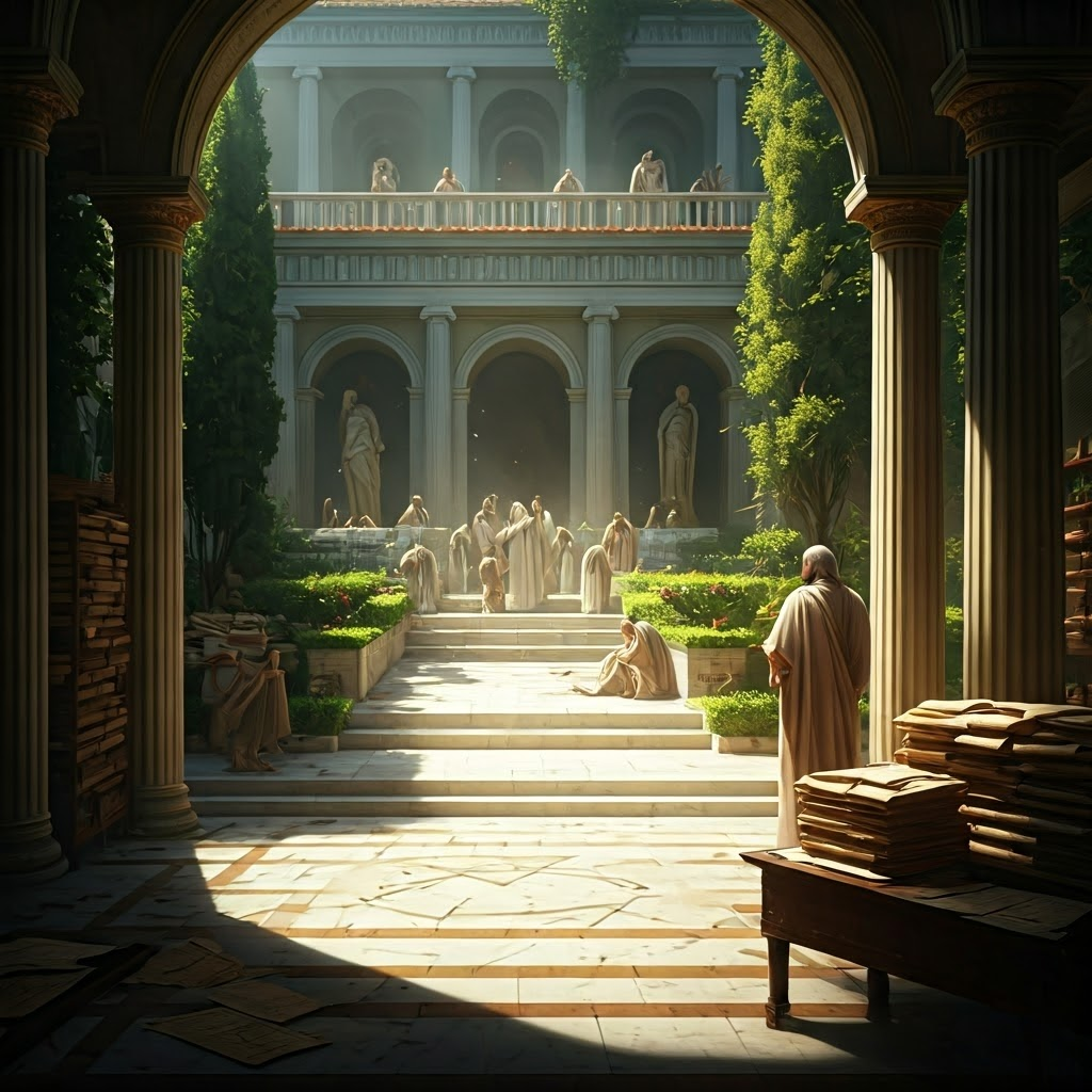 Hellenistic courtyard where scholars debate geometry amid scrolls and gardens, showing Alexandria’s intellectual energy.