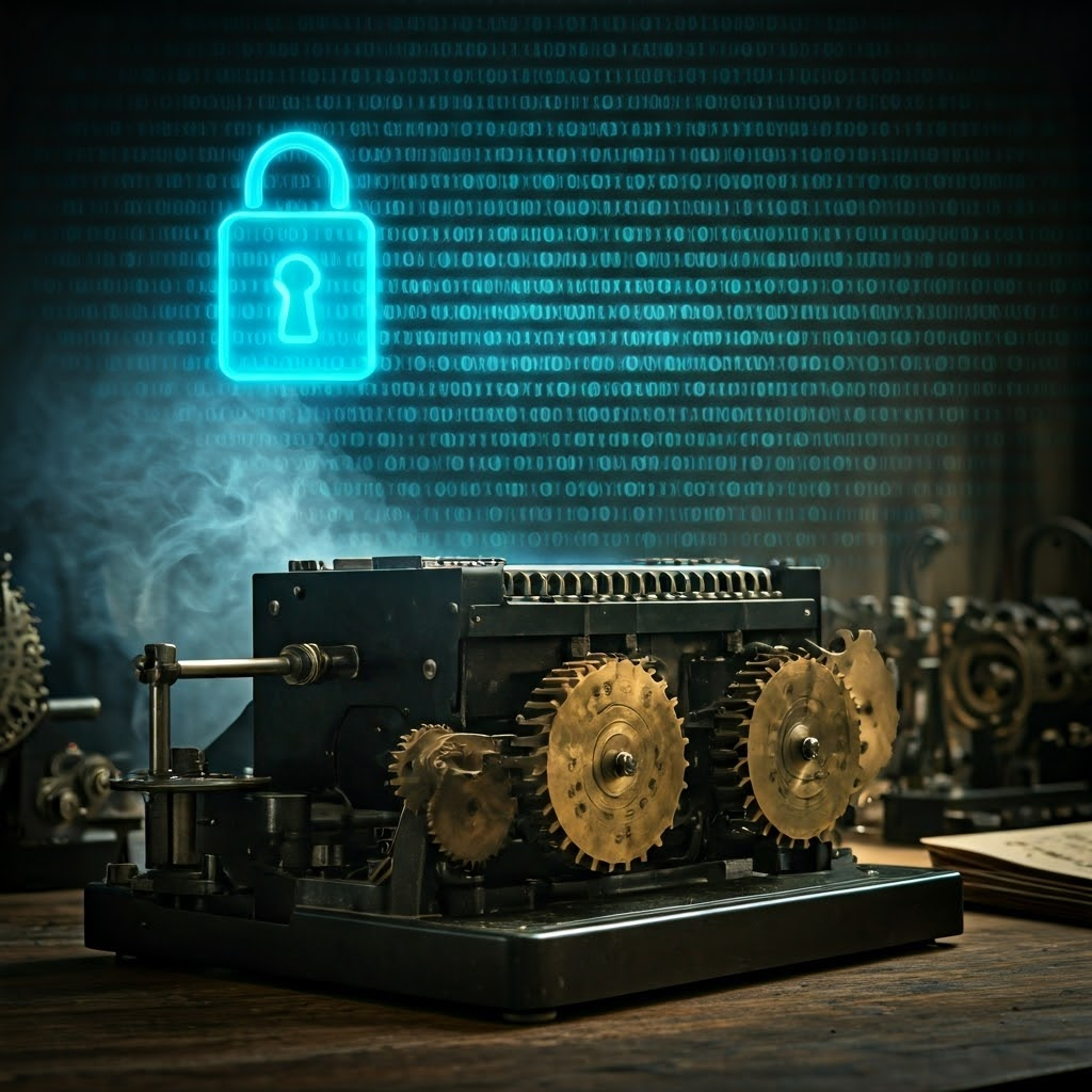 A mechanic adjusts Enigma rotors while binary code glows above, marking the leap from gears to processors.