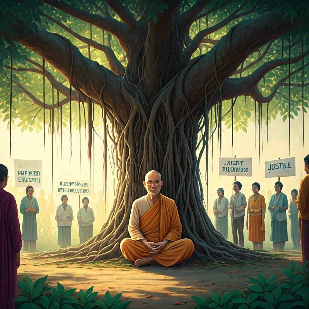 Soft pastel scene of Thich Nhat Hanh teaching diverse followers about engaged Buddhism