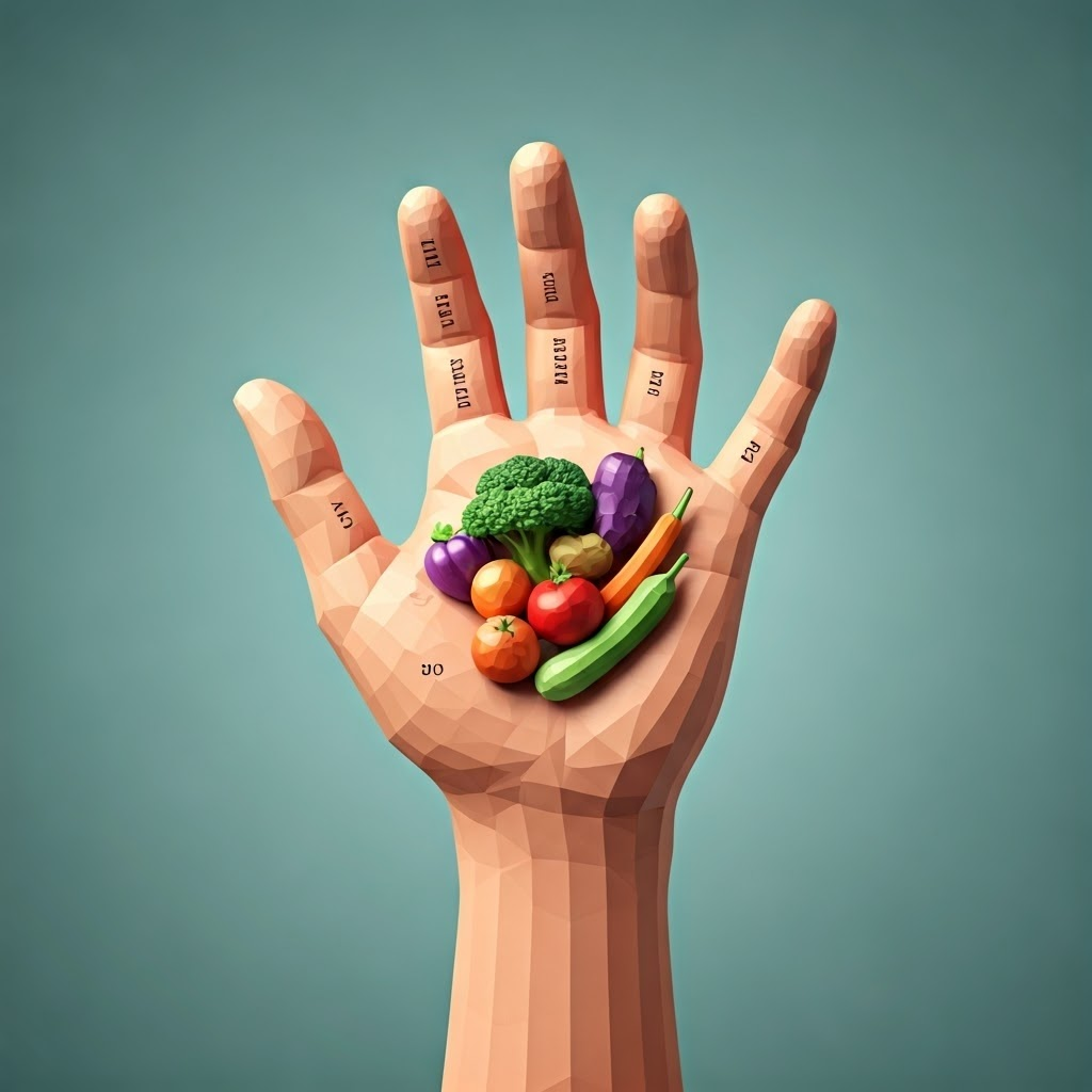 Hand diagram showing palm for protein, cup for carbs, fist for veggies, thumb for fats