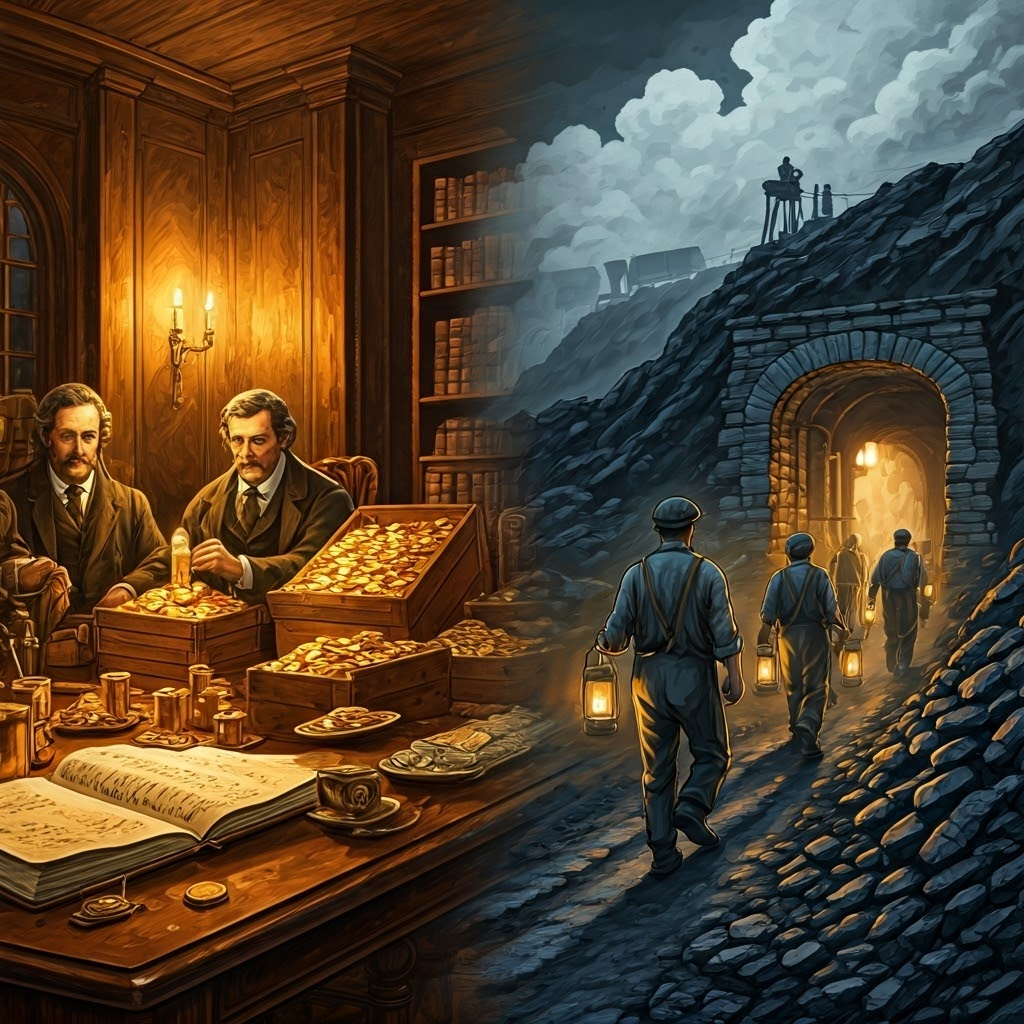 Mixed-media collage showing investors counting coins on one side and miners hauling coal on the other