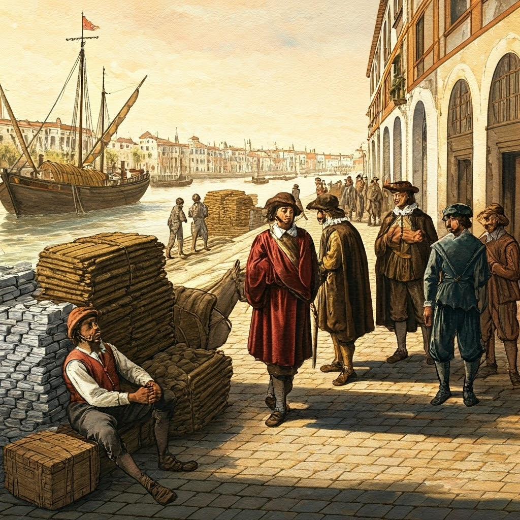 Early morning waterfront with mule driver, Basque sailors, Italian agents, and enslaved Africans moving silver and tobacco