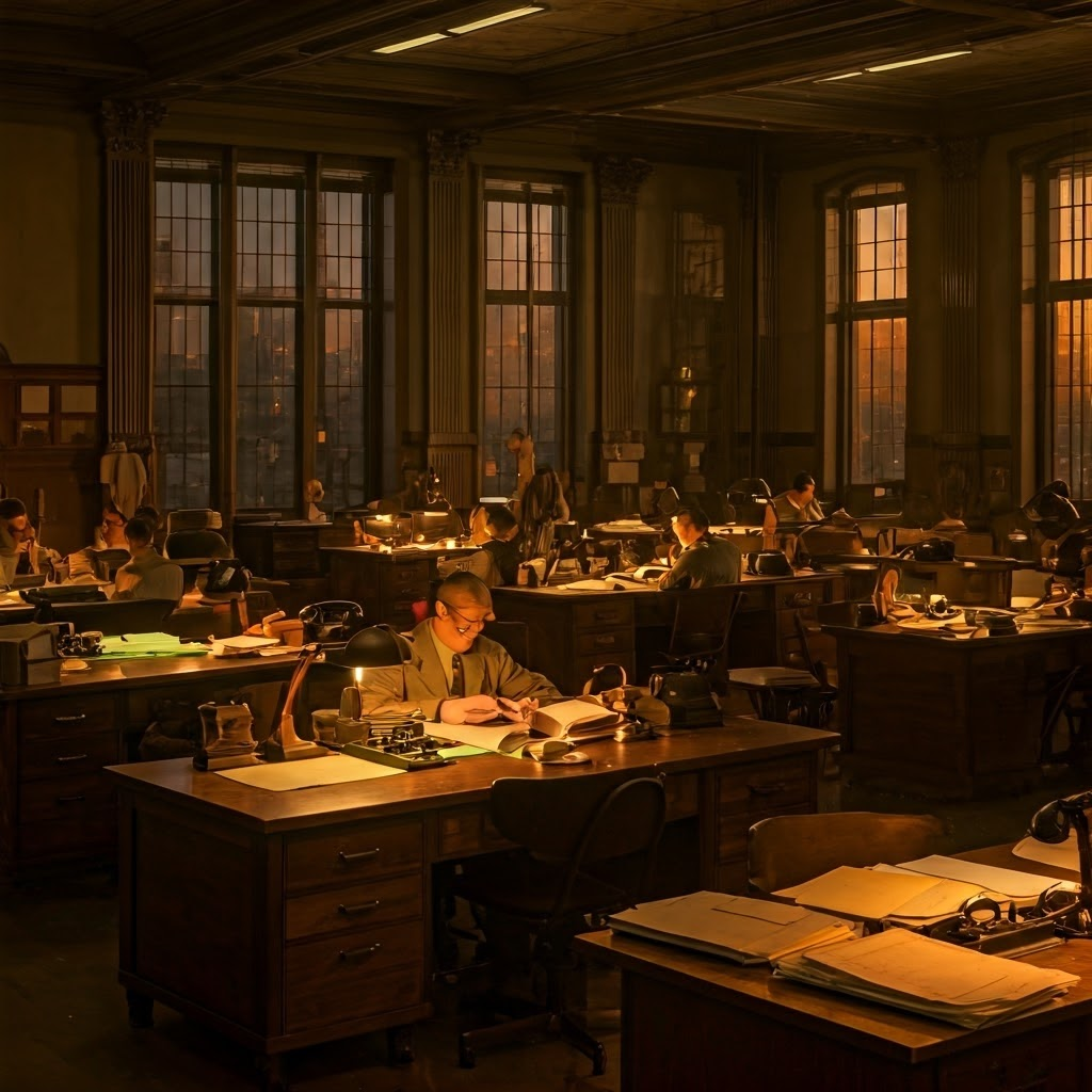 Busy 1940s Washington intelligence office with analysts and operatives illustrating America’s push to organize secret information