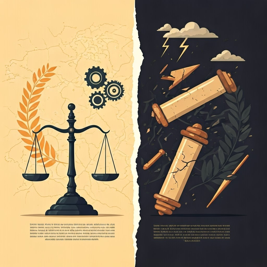 Split image of balanced symbols versus broken scrolls, highlighting stability and decay