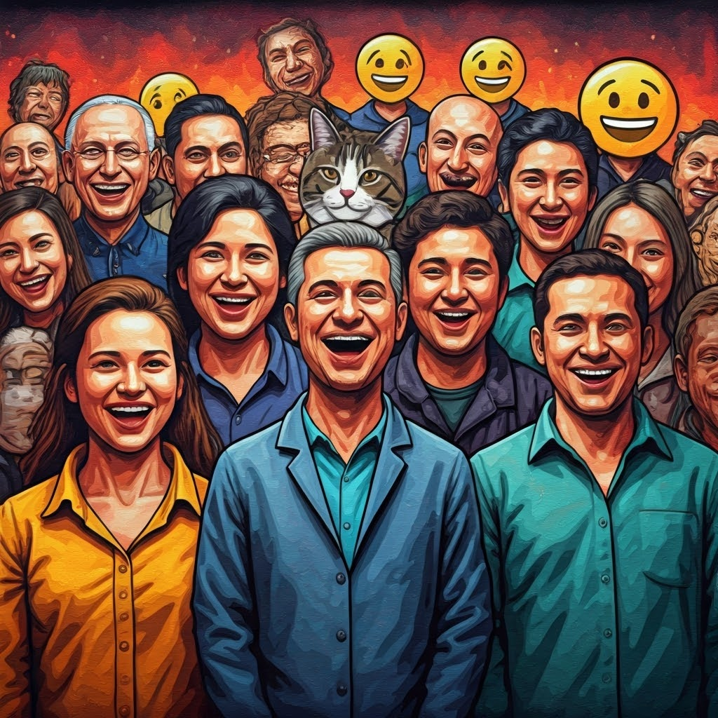 A vibrant street mural shows a crowd of diverse characters laughing, each wearing different meme masks—politician faces, cats, and emojis. The background shifts in style from graffiti to digital pixels, symbolizing the blend of artist and audience. Style: hybrid street art meets digital pop-surrealism with bold outlines, vivid spray-paint textures, and dynamic perspective that captures the fluid life and community code of memes.