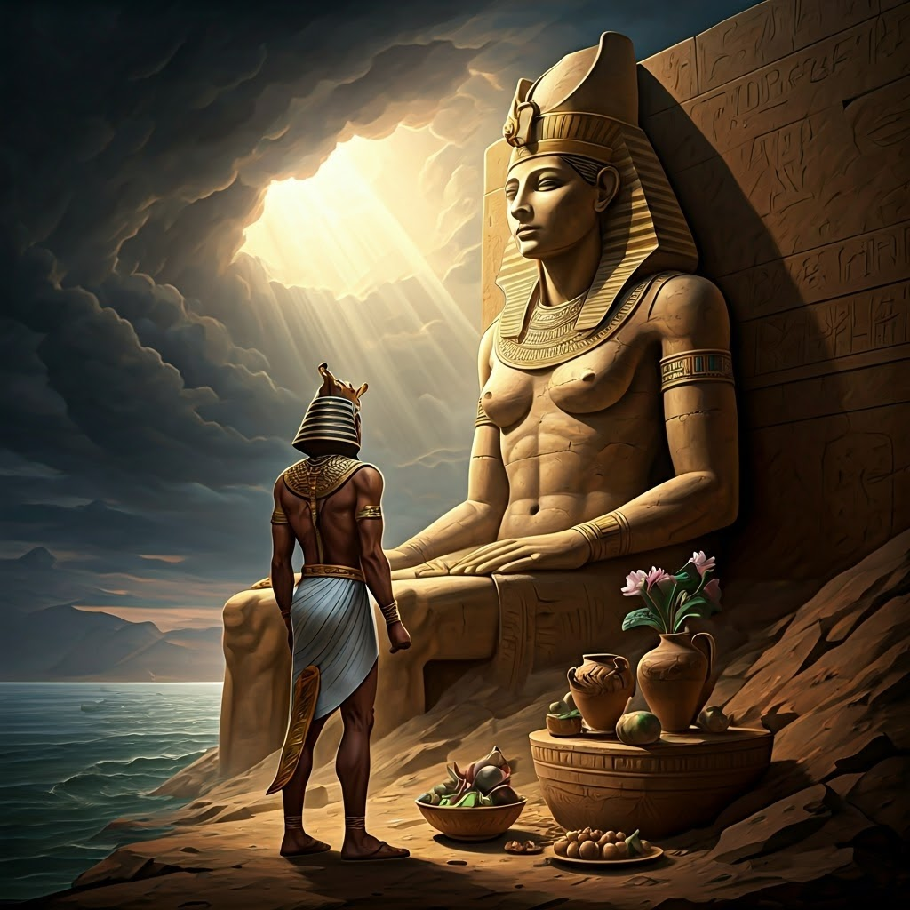 Baroque fresco of an Egyptian pharaoh offering figs and lotus flowers to a sandstone river goddess under stormy skies.