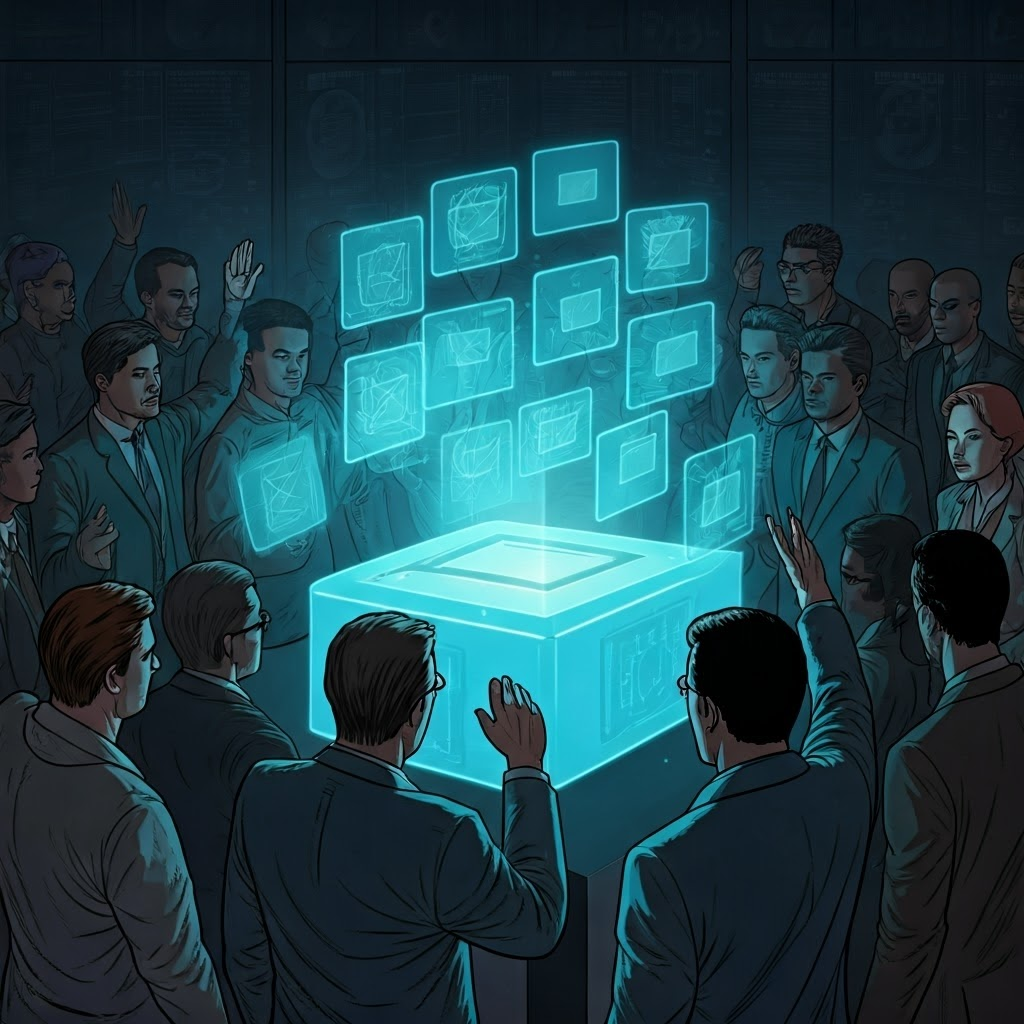 Crowd gathered around a sleek digital voting booth with holographic ballots floating above