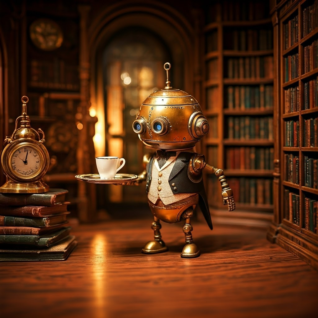 Robotic butler placing a teacup precisely in a Victorian library