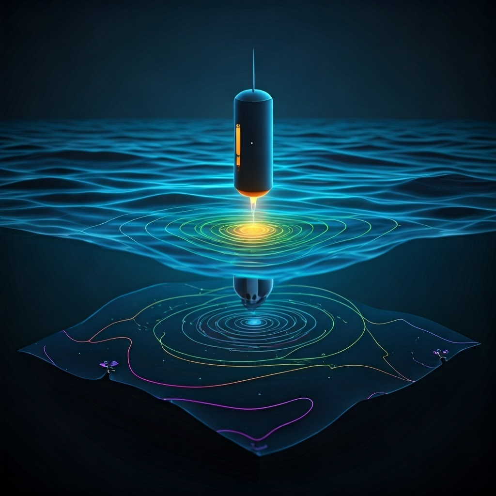 Futuristic hologram of an Argo float diving and rising, with glowing lines marking temperature and salinity data.