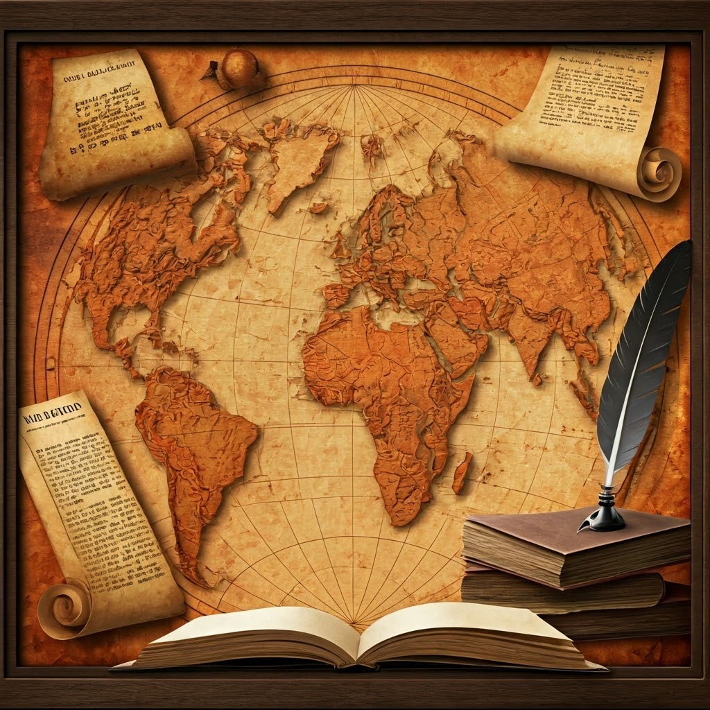 Ancient world map with Latin legal terms and scrolls scattered across provinces