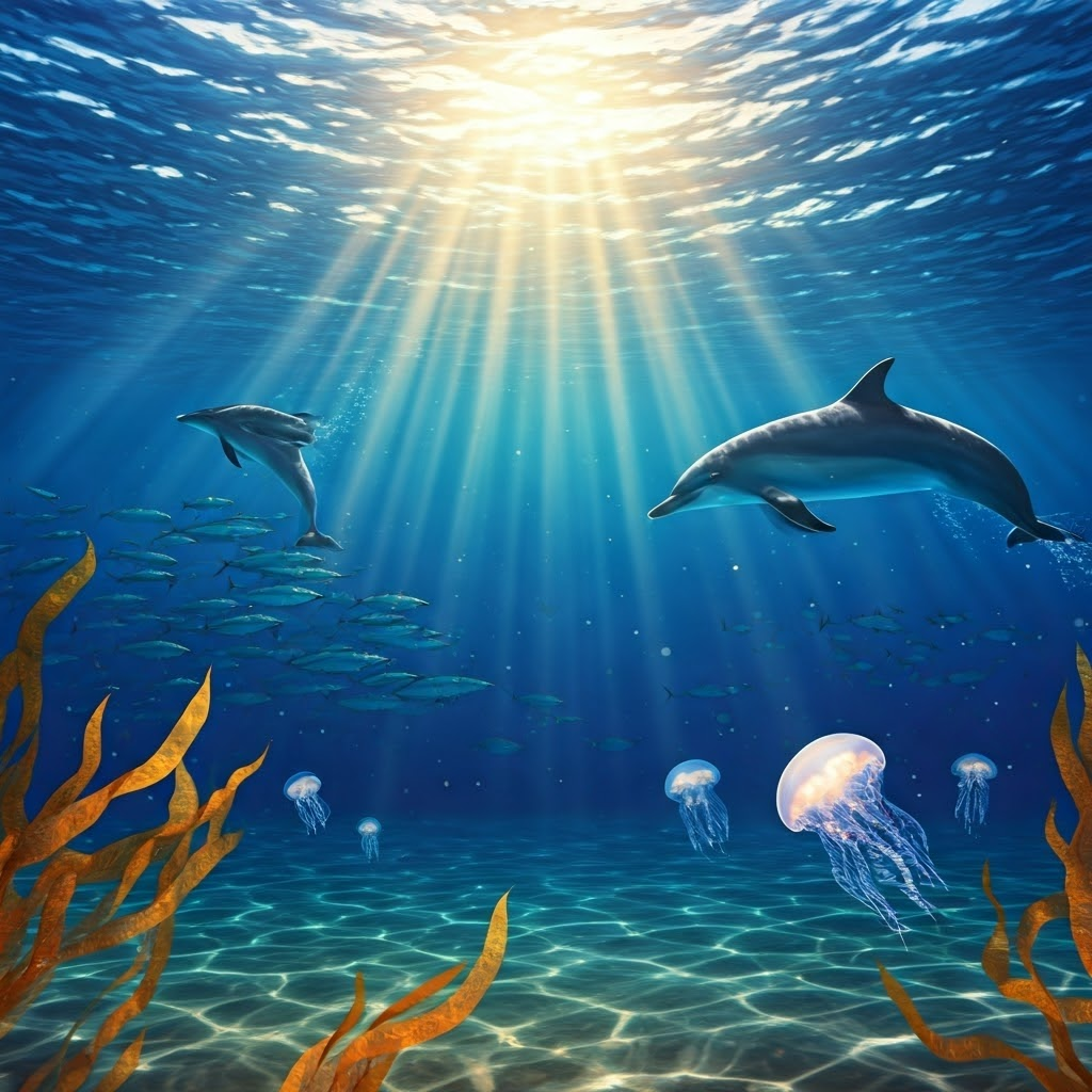 Sunlit coastal waters teeming with dolphins, tuna, and jellyfish beneath golden beams — illustrating the vibrant epipelagic zone.