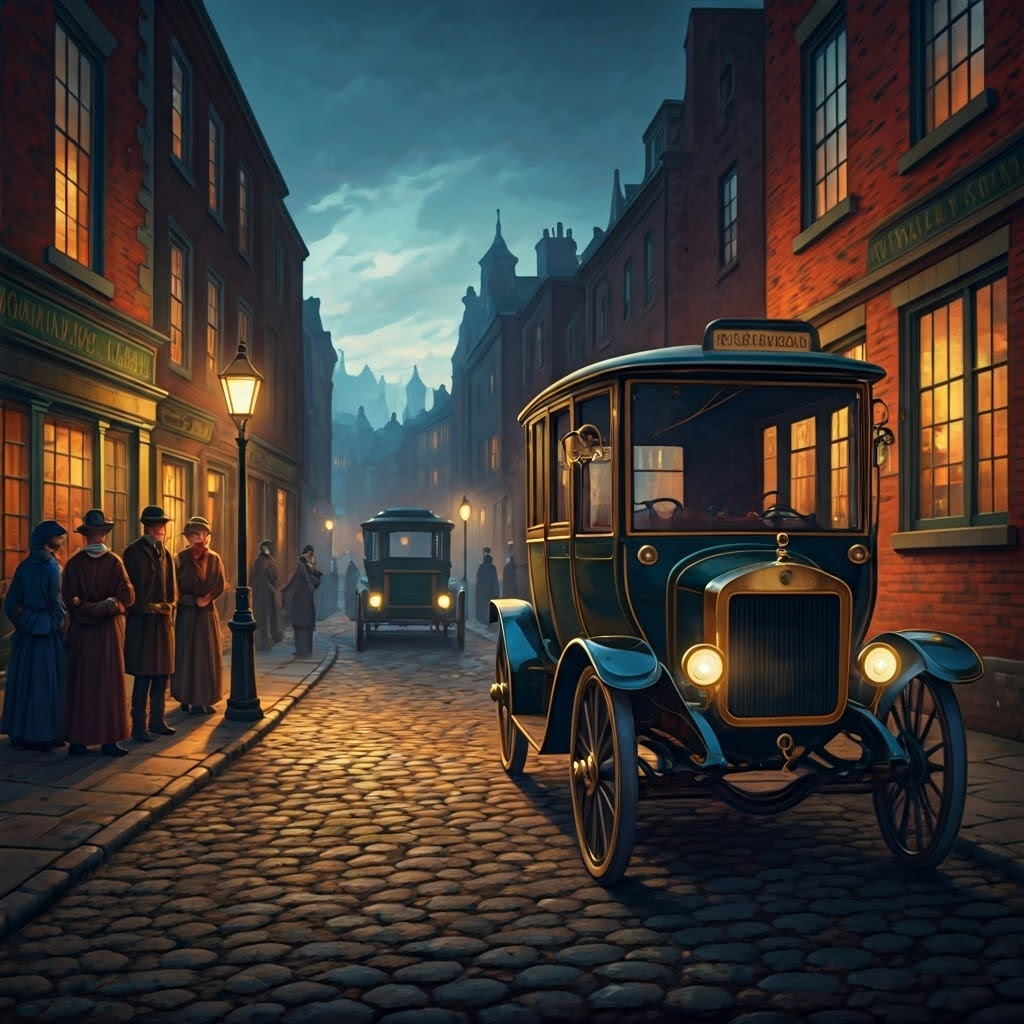 Late-19th-century city street where early electric cars glide past horse-drawn carriages under soft gas-lamp light