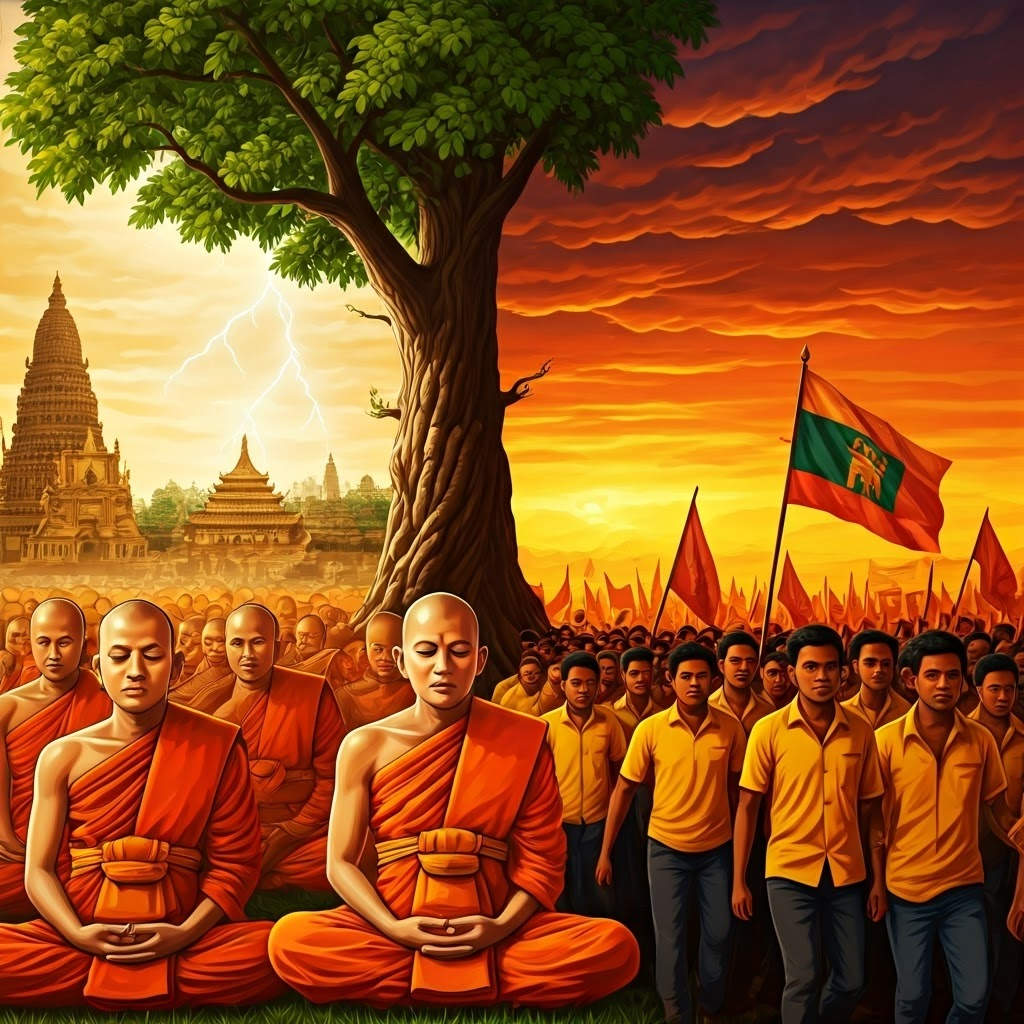 Poster split between meditating monks and marching monks leading charged crowds