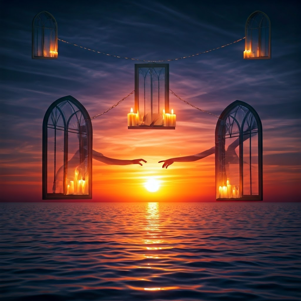 Floating manuscripts morph into human silhouettes exchanging ideas, illustrating the chain reaction of rediscovery.