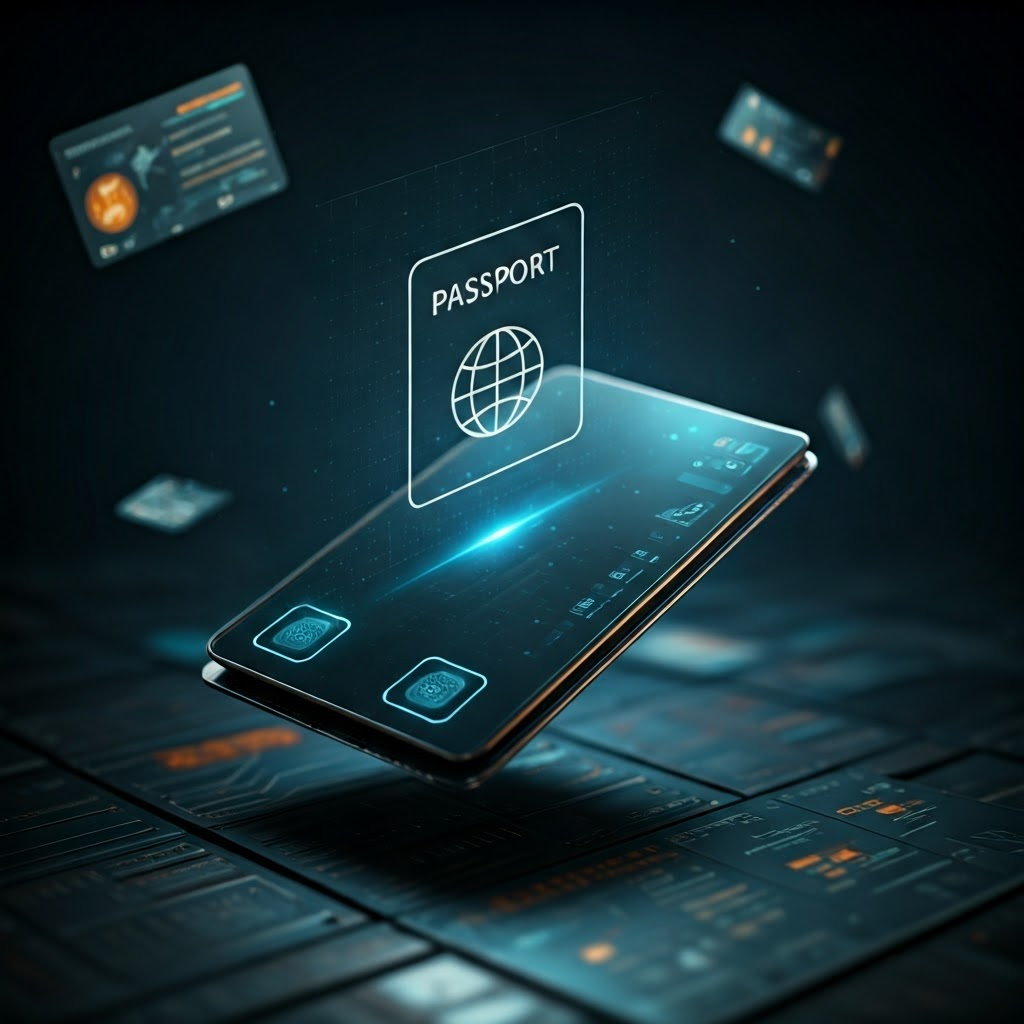 Futuristic digital wallet floating with biometric scanners and holographic ID