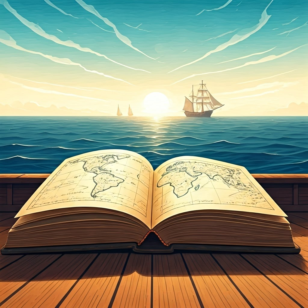 Open atlas on a ship’s deck annotated with recent discoveries while distant sails cut the horizon