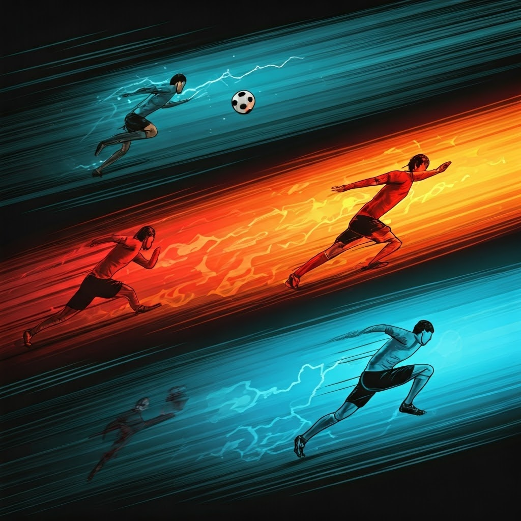 Comic sequence of a player shifting from lightning sprint to fiery burst and then calm jog as energy icons change.