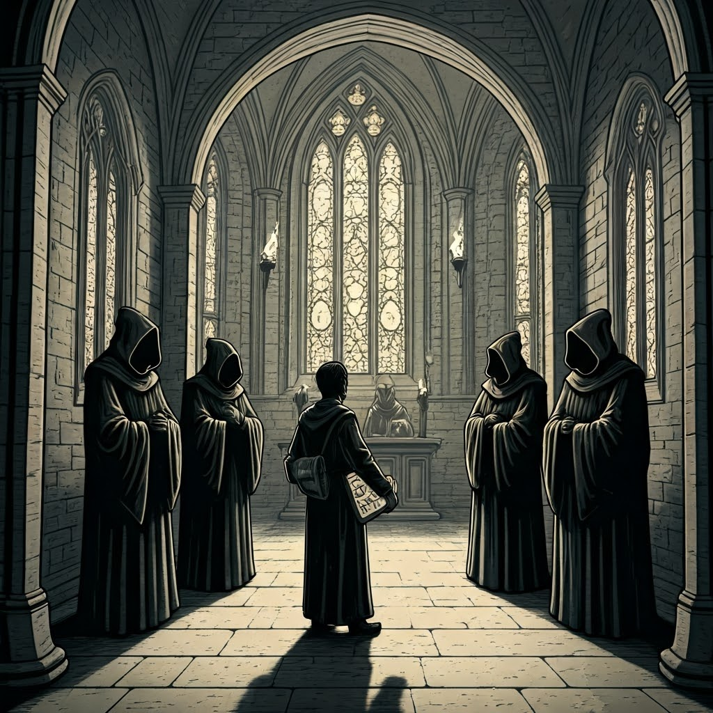 A nervous scholar presents planet diagrams to stern clergy in a shadowy courtyard, capturing the risks of dissent.