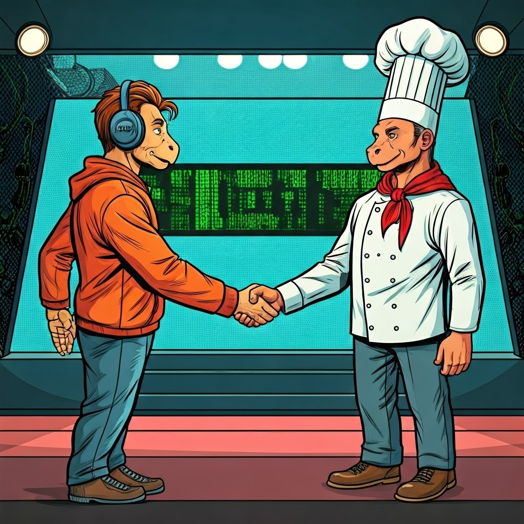 Pop-art handshake between characters labeled Engine and SDK on a digital stage