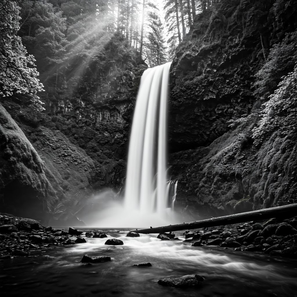 Monochrome photo of a forest waterfall with sunbeams cutting through mist