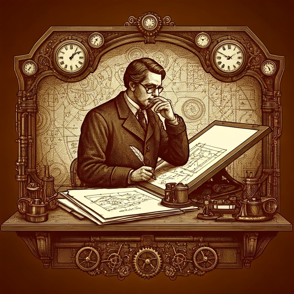 Steampunk engineer drafts early web schemes with gears and parchment, highlighting Tim Berners-Lee’s invention phase.