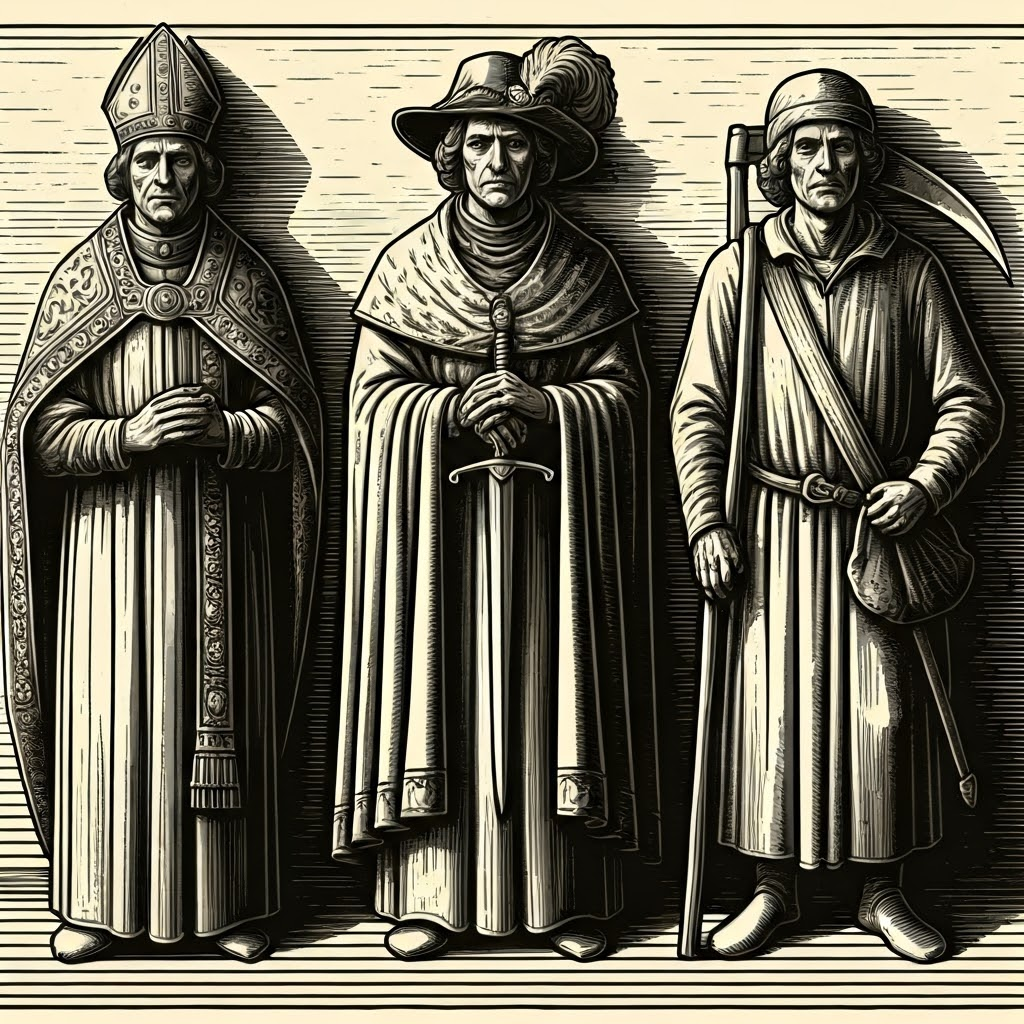 Clergy, noble, and laborer stand side by side in sharp black-line woodcut, showing contrasts