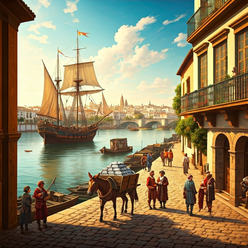 Golden afternoon view of 16th-century Seville where galleons, mule trains, and silver bars crowd the Guadalquivir