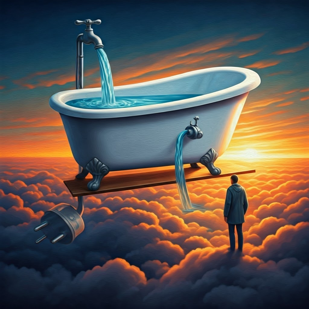 Floating bathtub with emissions faucet and offsets drain explains net-zero balance concept.