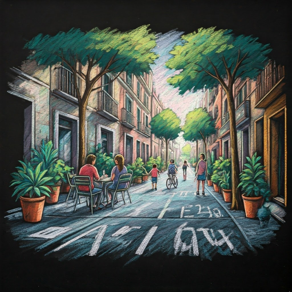 Barcelona street turned into a calm plaza with plants, bike lanes, and children playing, showing a Superblock transformation.